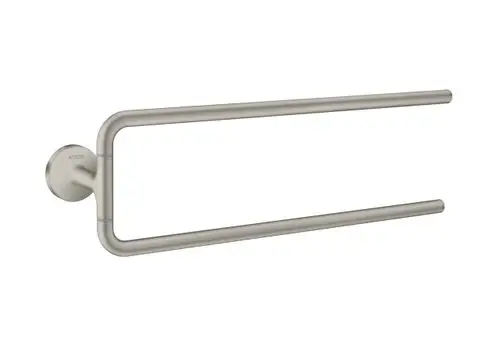 Zweiarmaiger Handtuchhalter in Edelstahl-Optik von AXOR, an der Wand montiert. Das Design ist funktional und minimalistisch.